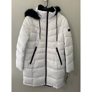 New Karl Lagerfeld White Long Parka Puffer Coat, Size Large